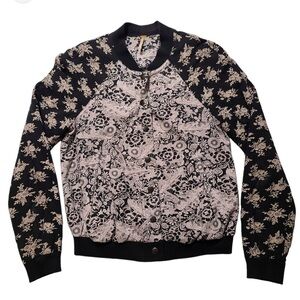 Free People Black Floral Snap Bomber Jacket - Size Small